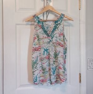Sigrid Olsen Cotton Embroidered Hawaiian Print Tank Top M Boho Coastal
